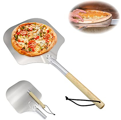 Longue pagaie à pizza de luxe professionnelle, pelle à pizza en aluminium, avec manche en bois léger et antidérapant, pour four à griller intérieur et extérieur à usage domestique et commercial (Lon
