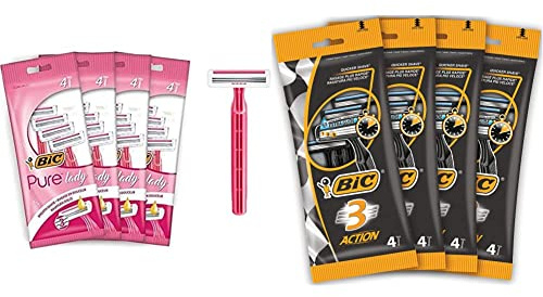 BIC Pure Lady Rasierer Damen, 16 Einwegrasierer mit je 3 Klingen & 3 Action Rasierer Herren, 16 Einwegrasierer mit je 3 Klingen, mit Aloe Vera für eine schnelle sanfte Rasur