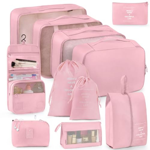 koffer Organizer 11-teilig, Packing Cubes, leichte Reisegepäck-Organizer, platzsparend, wasserdicht, platzsparend, Packwürfel für Koffer, travel organizer, Rosa