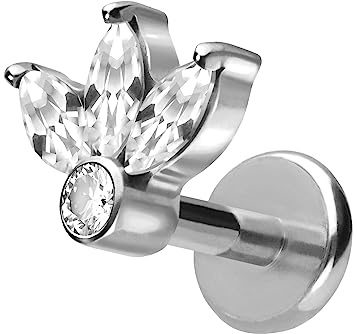 PIERCINGLINE Titan Labret mit Push Fit LOTUSBLÜTE Blume Piercing Ohr Conch Tragus Helix Farb & Größenauswahl