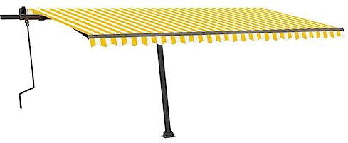 PURADAY Balkon Markise 500x300 cm Gelb und Weiß Terrassenmarkise mit 360° Drehbarer Ständer Standmarkise Einziehbar Handbetrieben UV-beständig Wasserbeständig Outdoor-Markise mit PU-Beschichtung