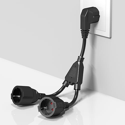 Luxvista Doppia Spina per Presa 2-Slot Presa Multipla con Cavo Flessibile 2 in 1 Schuko Cavo di Estensione Breve IP20 Grado di Protezione per Interni ed Esterni, 16A/250V/4000W, Nero