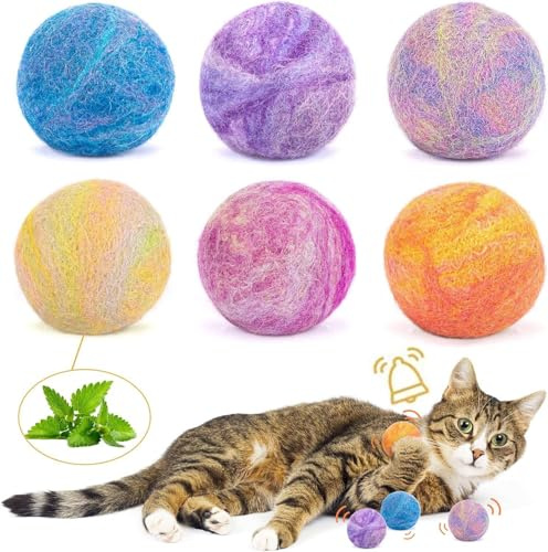 Retro Shaw Catnip Balls with Bell Inside - 6 Pcs Interactive Catnip & Silvervine Cat Toys, Durable Wool Balls for Indoor Cats, Kitten Teething Toys, Natural Catnip Toys for Bored Cats