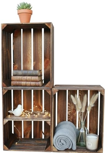 Teramico Holzkisten geflammt 50x40x30cm (3er Set | 1 x Boden Kurz) | Geflammte Vintage Weinkisten im Set als Regal oder zur Aufbewahrung nutzen. Perfekt für stilvolle Dekoration im Wohnzimmer.