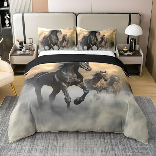 Homewish Housse de Couette Cheval 220x240 cm - Coton - Ensemble de Literie Cheval de Course, Parure de Lit Imprimée Animaux de La Ferme pour Hommes Femmes Ados Enfants, Décoration Occidentale
