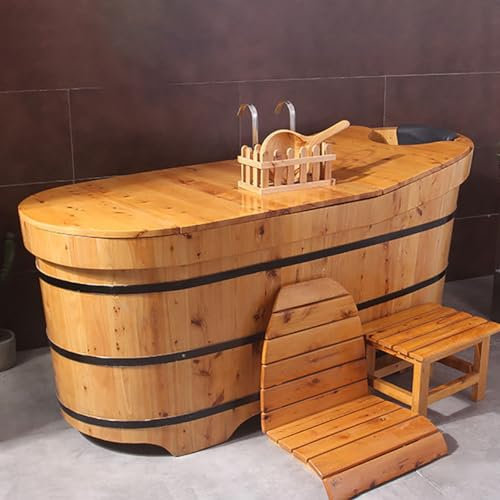 MegLob Mobile Freistehende Hölzerne Badewanne Mit Badschale, Alle Größe Massivholz Badewanne Beleuchtet, Spa Deep Soaker Mit Badestuhl, Klassischer Japanischer Körper,110cm/43.31