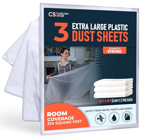 CS 3 Pack Extra Large Plastic Dust Sheets for Decorating 3.6 x 2.7m (12x9 ft), Dust Sheets for Painting, Clear Plastic Sheet Polythene Sheeting Painting Tools, Decorating Tools, Home Improvement