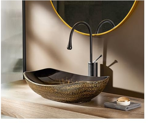 MEJE Lavabo ovale en porcelaine et céramique, avec bord doré, vintage, 56 x 40 cm