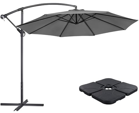 Yaheetech 3m Outdoor Cantilever Parasol with Base, 180g Waterproof Polyester Fabric, UPF 50+ Sun Shade, Crank Banana Hanging Umbrella for Patio Garden, Grey