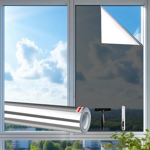 Fensterfolie Sonnenschutz, Viwril UV Folie Fenster hitzeschutz, Spiegelfolie Sichtschutzfolie für Zuhause und Büro, fensterfolie selbsthaftend, Silber(44,5 x 200 cm)