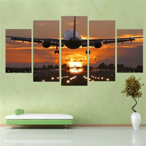 HATUROPO Leinwand Bilder 5 Teilig Das Flugzeug hebt bei Sonnenuntergang ab Wandbilder Wohnzimmer Modern Bilder, Poster, Kunstdrucke Büro Flur Bad Küchebilder -Ungerahmt