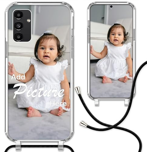 CoverHeld Handyhülle kompatibel mit Samsung Galaxy A13 4G mit schwarzem Band selbst gestalten - Silikon Hülle mit Band personaliseren - Dein Design/Bild - Handykette Kordel Band in Schwarz