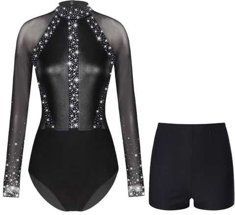 CHICTRY Body da Ginnastica Donna Manica Lunga Leotard da Ballo Balletto Danza Classica con Pantalocini Metallizzato Tuta Sportiva Abito da Pattinaggio Performance Nero L
