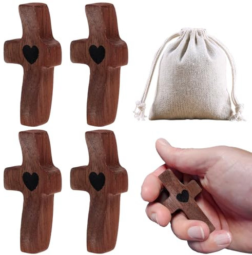 JOAASU 4 Stück Geschnitztes Holzkreuz, Handschmeichler Holz, Liebeskreuze Mit Herzen, Tragbare Gebetskreuze, 5 x 2,5 CM, Handgeschnitztes Liebeskreuz für Andachtsgebete (Holzfarbe)