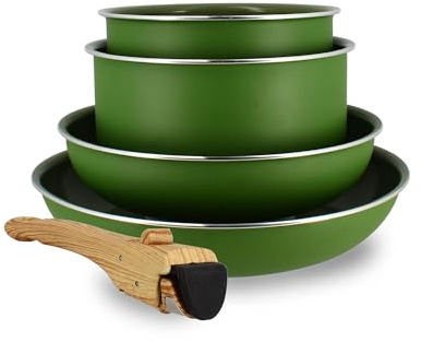 MENASTYL - Batterie de Cuisine Amovible Empilable - Tous Feux Dont Induction - Revêtement Céramique Antiadhésif sans PFAS - Gamme Colorama - Couleur Olive - 2 Poêles + 2 Casseroles + 1 Poignée