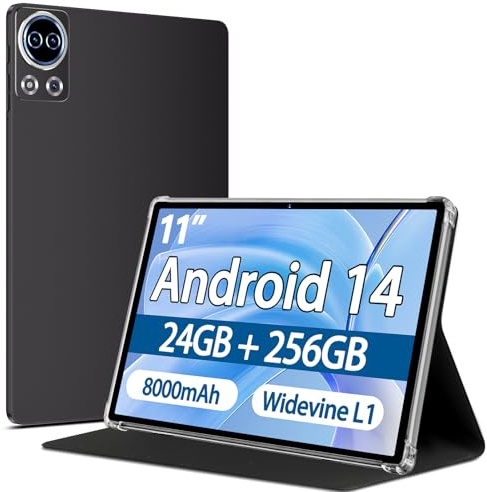 Tablet 11 Pollici Android 14 con 24GB RAM +256GB ROM (Espandibile Fino a 1 TB), Face ID, Widevine L1, Octa-Core 2.0 GHz, 5G Wi-Fi, GPS, 8000mAh, HD 1280 x 800 Incell IPS, Tablet con Custodia, Caffè