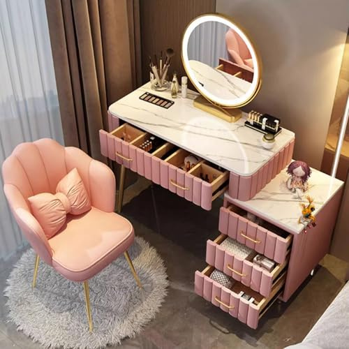 Sminkbord med stol, toalettbord med 3 LED-speglar, sminkbord med förvaringsfack, 5 lådor och pall, sovrum, sminkbord för flickor (rosa)