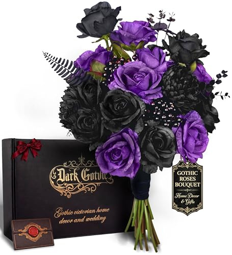 Dark Gotvic Gothic Roses Bouquet – Black and Purple Artificial Silk Flower Arrangement – Goth Home Decor for Vases, Shelves & DIY Dark Floral Table Centerpieces – Gothic Valentine’s Day Gift for Her