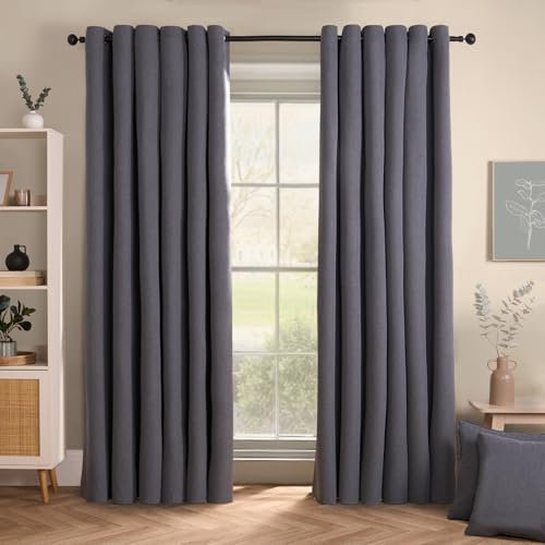 OHS Bedroom Blackout Curtains Eyelet Grey, Woven Texture Modern Decorative Curtain for Living Room Bedroom Home Insulated Summer Winter Soft Curtains, 66x54” - Charcoal