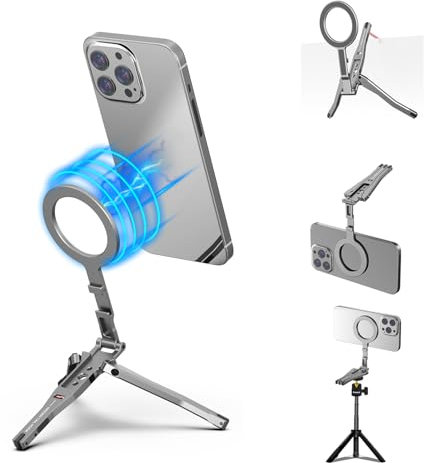Magnétique Pochette Téléphone Trépied Aluminium Mini Bureau Pliable Magnétique Trépied Porté Main Compatible pour iPhone 17/16/15/14/13/12 Plus Pro Max, 1/4 Trépieds Téléphone Léger Support Voyage