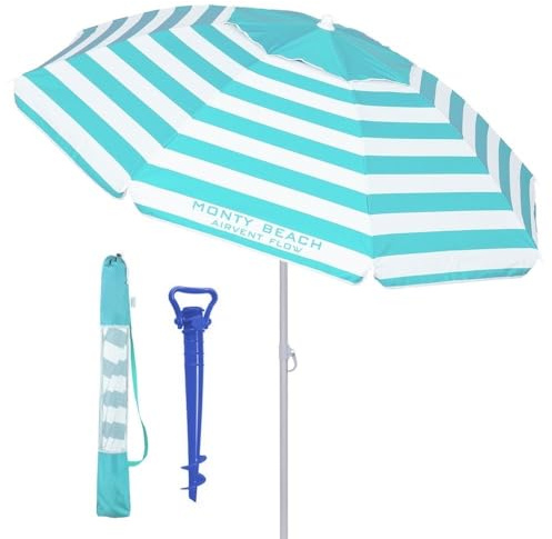 LOLAhome Sombrilla Playa 240 cm y Soporte Arena, protección UV+50, sombrilla antiviento, Varillas Flexibles Fibra Vidrio, Techo ventilación, mástil inclinable y Regulable Altura, Bolsa Transporte