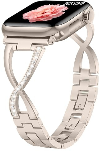 Sixmoat Metallarmband Kompatibla med Apple Watch Armband för kvinnor 38mm 40mm 41mm 42mm(serie 10), Glittrande X-format Ersättningsarmband för iWatch SE Serie 10 9 8 7 6 5 4 3 (Polarstjärna)
