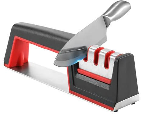 Zhiyun Professional Kitchen Knife Sharpener, 3-Stage Manual Sharpening System, Black and Red, 22 cm