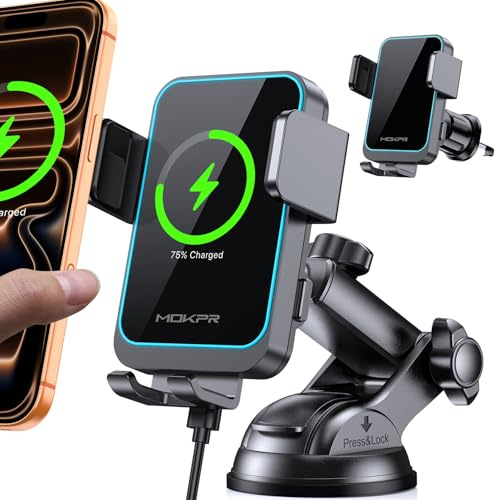 MOKPR 15W Handyhalterung Auto mit Ladefunktion mit LED-Licht | Handyhalterung mit Ladefunktion Entlüftung Armaturenbrett Windschutzscheibe für iPhone Samsung Huawei LG (Schwarz)
