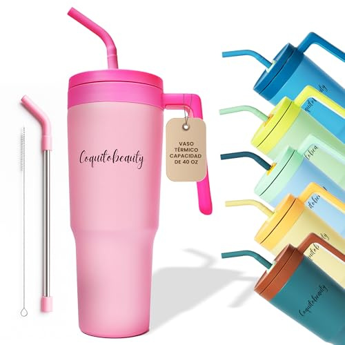 Coquitobeauty Taza Térmica con Pajita reutilizable 40 oz (1.18L) - Aislamiento doble - ideal para café, té o agua fria -Bebidas frias o calientes Color Rosa (ROSA)