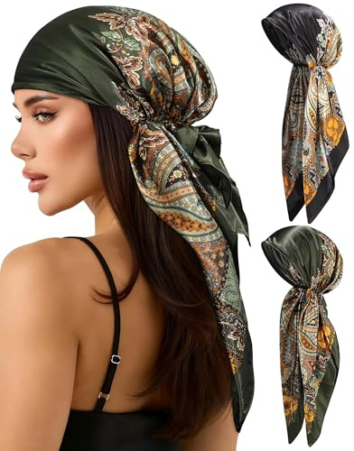 AWAYTR Pretied Head Scarf for Women - 2 Pack Chemo Patients Headwear Cancer Hair Loss Scarf Head Wrap Cover Hat Turban Cover (Cashew Flower: Black + Dark green)