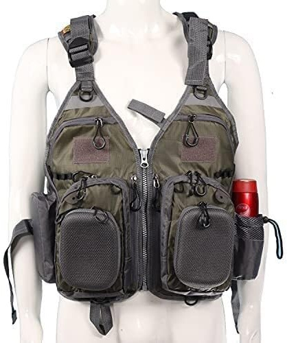 Fishing Life Jacket for Kayak Boating Swimming Sailing, Floatation Vest with Pockets, Adjustable Safety Jacket for Men Women, Fits Up to 209 lbs(Green gray,Without foam)