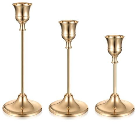 3 Pcs Bougeoir Doré, Bougeoirs Chandeliers Coniques, Bougeoirs Dorés en Métal pour Bougies Coniques, Décoration Intérieure, Centre de Table pour Mariage ou Réception (Style Cloche)