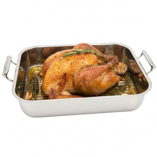 Stalwart Heavy Duty Stainless Steel Roasting Pan, Deep 370 x267 x110 Professional Grade Baking Tray for Turkey, Large Roasts, Vegetables