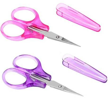 2 PCS Small Scissors Mini Scissors Stainless Steel Precision Craft Scissors with Cover, Portable Sewing Embroidery Scissors Small (Pink + Purple)