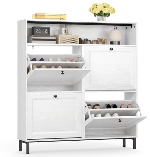 Blishom Schuhschrank mit 4 Klappen, Schuhablage Schuhschrank schmal Schuhregal mit offenen Ablagefächern, verstellbare Trennwände, für Diele, Flur, Garderobe, 100x108x24cm, Weiß
