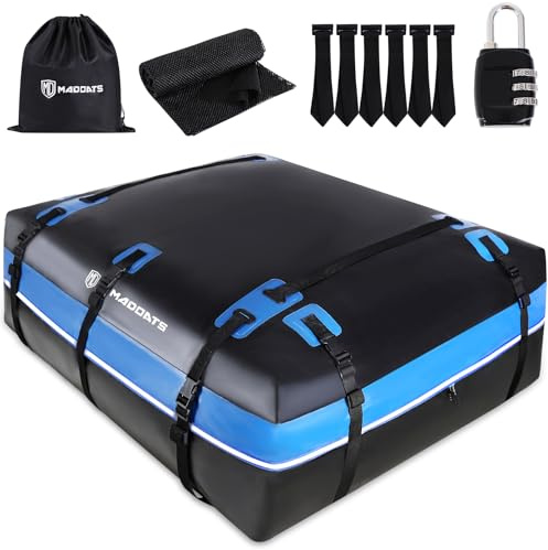 MD MADOATS Rooftop Cargo Carrier, 22 Cubic Ft Car Roof Cargo Carrier for All Vehicles, 840D Waterproof Car Top Carrier with Anti-Slip Mat, 6 Hooks, Storage Bag,Zipper Lock for Tripping & Moving - Blue