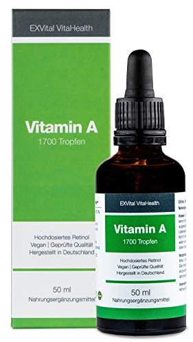 Vitamin A Tropfen von EXVital - 5000 I.E (1500 µg) pro Tagesdosis, 50 Ml= 1700 Tropfen, laborgeprüft, hochdosiertes Retinol - Vegan - Vitamin A flüssig Liquid