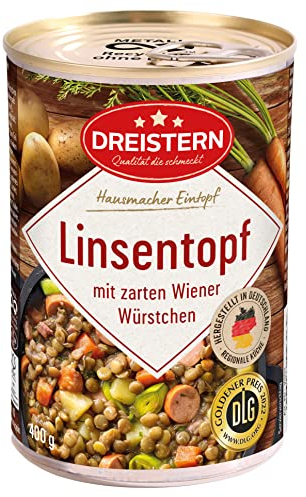 DREISTERN Linsentopf 400g I Mit Wiener Würstchen & Gemüse I Herzhafter Eintopf in recyclebarer Konservendose I Lange Haltbarkeit dank natürlicher Konservierung I Hausmacher Qualität