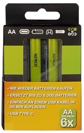 VERICO LoopEnergy AA 2550 Wiederaufladbare USB-C Batterie AA 1,5V 2550mWh (1700mAh) Li-Ion, 6 Stück, Schnellladung via USB-C Anschluss in ca. 2 Stunden, 3 x 2er Pack AA, 3 Kabel USB-A auf 2 x USB-C