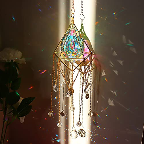Kristall Regenbogen Sonnenfänger Kristallanhänger, Mondwindspiele Sonnenfänger, prismatischer Metallrahmen, Bunte sechseckige Kristalle, mit Metallrahmen