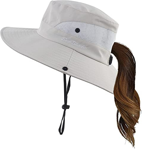 Uhky Damen Herren Sommer Sonnenhut breite Krempe Outdoor UV-Schutz Hut Faltbarer Pferdeschwanz Bucket Cap für Strand Angeln Wandern, Pure Beige, One size