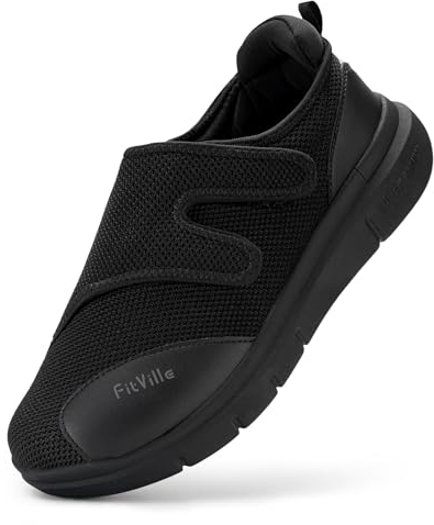 FitVille Extra Weite Reha-Schuhe Herren mit Klettverschluss Einstellbar Walking Schuhe für empfindliche Füße Senioren Pflege Hausschuhe Verbandschuhe Gesundheitsschuhe Schwarz Klet 44 EU Weit
