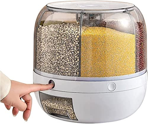 Ecoodisk 360° Rotatable Cereal Dispenser, Round Multigrain Tank Cup Dry Rice Container Food Dispenser Grains Cans Grain Storage Tank for Home Kitchen, (Rotatable, 6 Grids)