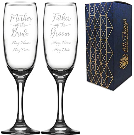 Personalised Engraved Wedding Champagne Set of Two, Mother and Father of the Bride or Groom, Any Date and Message, 7.5oz/221ml Imperial Flute, Handwritten Font