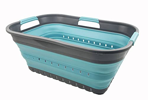 SAMMART 21L Super Mini Zusammenklappbarer Kunststoffkorb mit 3 Griffen – Faltbarer Pop-Up-Aufbewahrungsbehälter/Organizer – Platzsparender Geschenkkorb/Korb (Grau/Kristallblau)