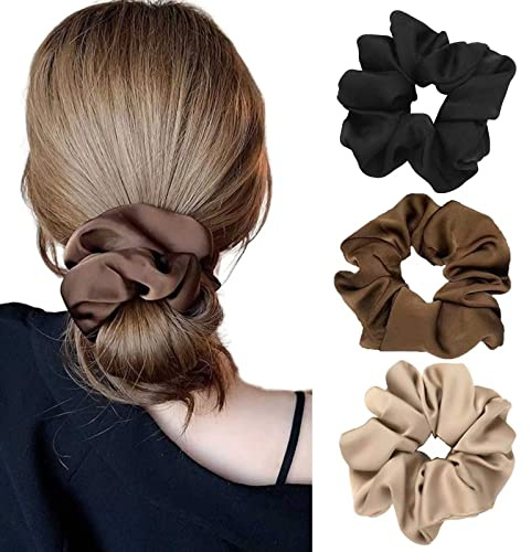 Haargummis Scrunchies aus Satin für Damen Schwarz Groß Haargummi Weich Elastisch Pferdeschwanz Halter für Frauen Mädchen (3 Stück)