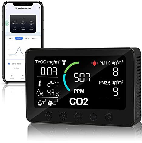 Fyearfly 7-IN-1 Air Quality Monitor, WIFI Control CO2 TVOC PM2.5 Air Quality Detector 7in Screen Temperature Humidity Gas Electric Meter,AC100-240V(UK)