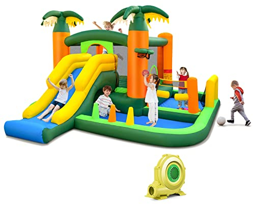 DREAMADE 8 in 1 Aufblasbare Hüpfburg mit 680W Gebläse, 468 x 406 x 240 cm Wasserpark mit Wasserrutsche & Sprungbereich & 50 Bällen, Outdoor Spielburg in Kokosnuss-Form für Kinder 3-10 Jahre