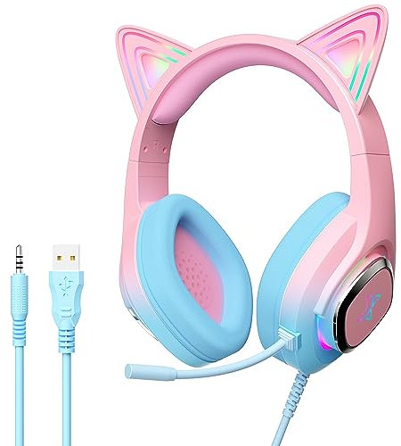 Mytrix Cat Ear Gaming Headset Compatible with PS4, PS5, Xbox, PC, MAC, Switch, Gradient Pink Blue Wired Headphones with 360° Rotation Microphone, Surround Sound, Soft Earmuff, RGB Light Effect