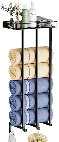 OVICAR Towel Racks for Bathroom - Wall Mounted Rolled Towels Storage with Metal Shelf & 3 Hooks,3 Bars Wall Towel Holder for Small Bathroom, Bath Towel Organizer (Black)